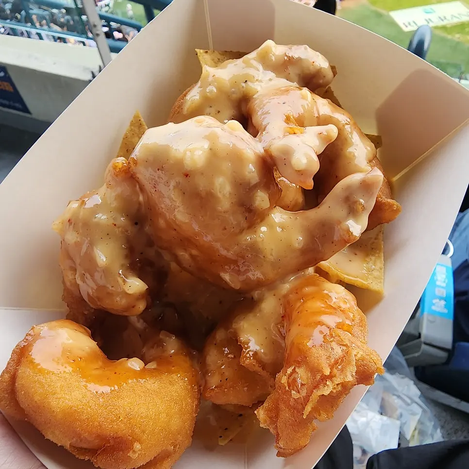 Fried shrimp nacho drizzled with plenty of cream sauce