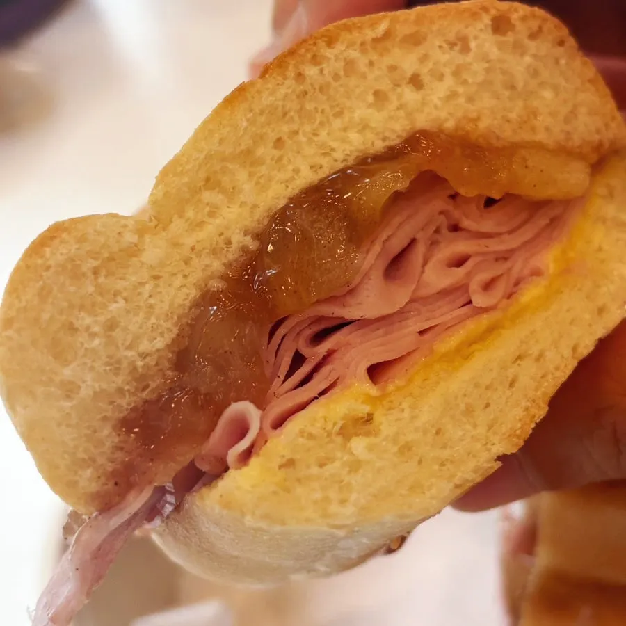 Cross-section of the baguette sandwich cut into two pieces