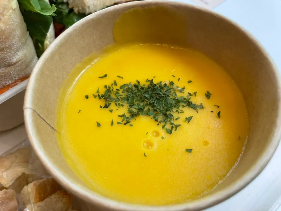 Egg mayo bánh mì, pumpkin soup, and choco latte set together