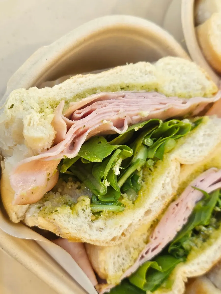 Baguette sandwich cut into thirds