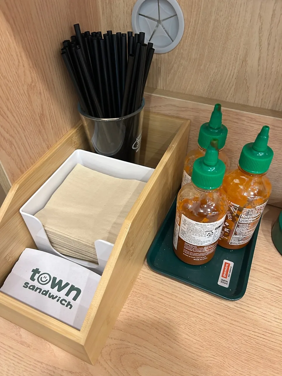Self-serve corner to the right of the counter