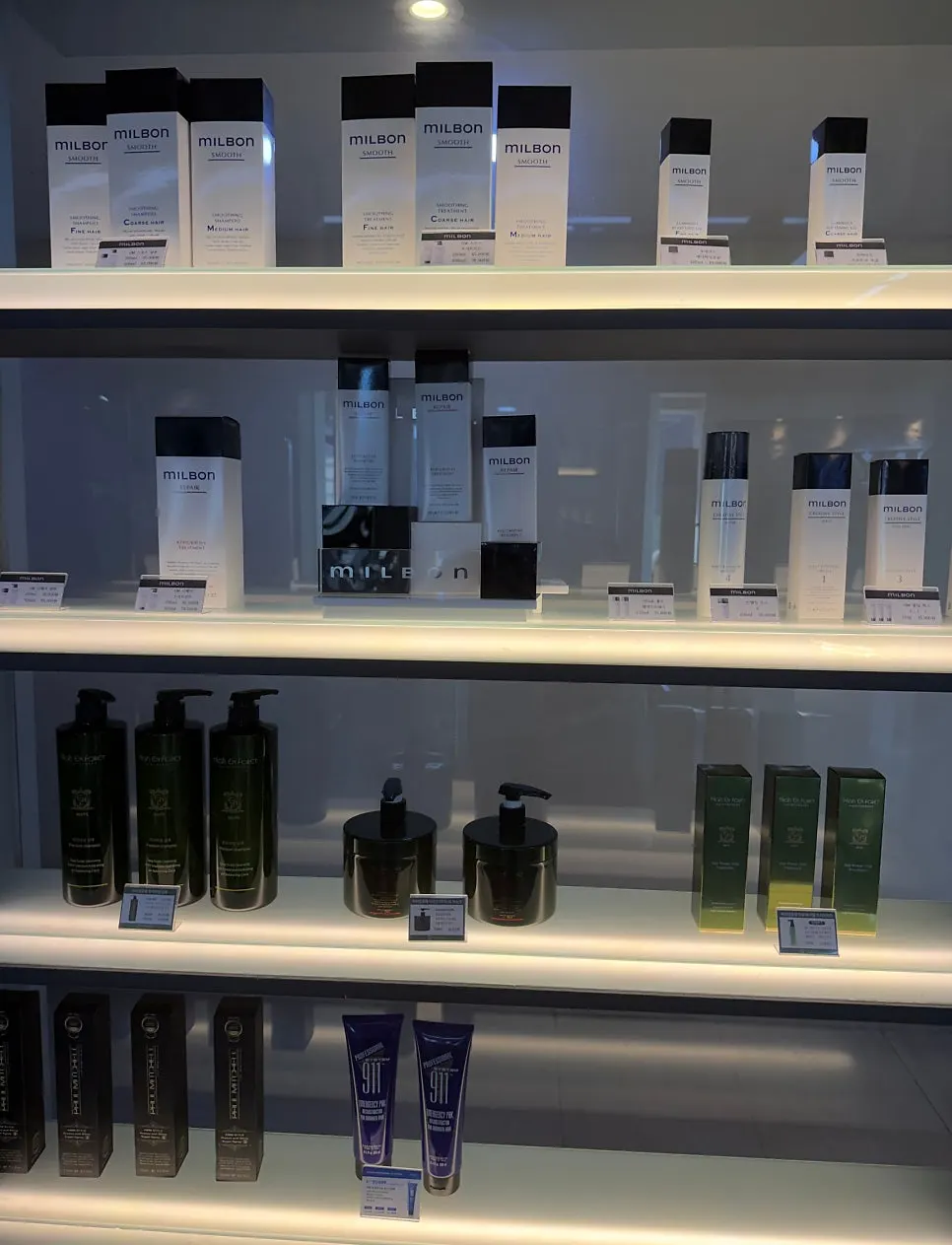 Hair care products displayed for sale in the salon