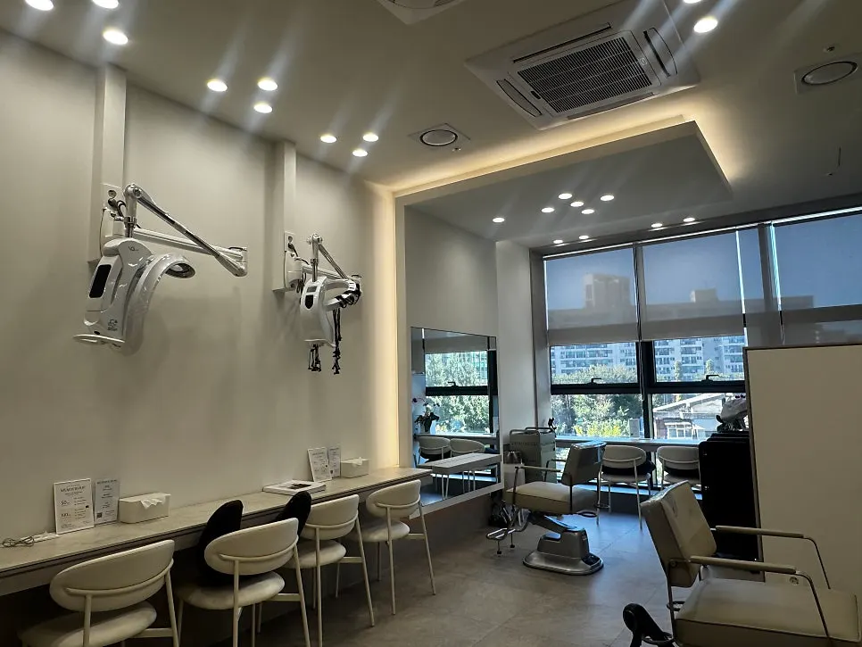 Salon interior with light streaming through a floor-to-ceiling window