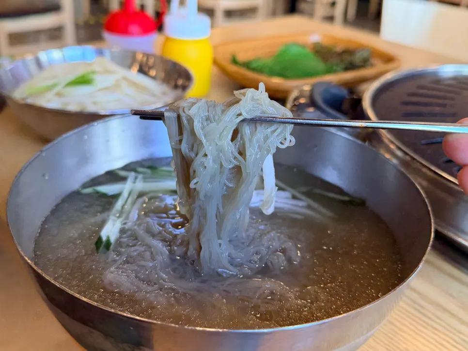 물냉면 면발을 집어 올린 모습