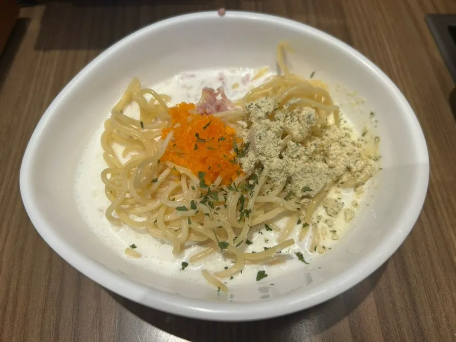 Cream pasta served as dessert after shabu-shabu