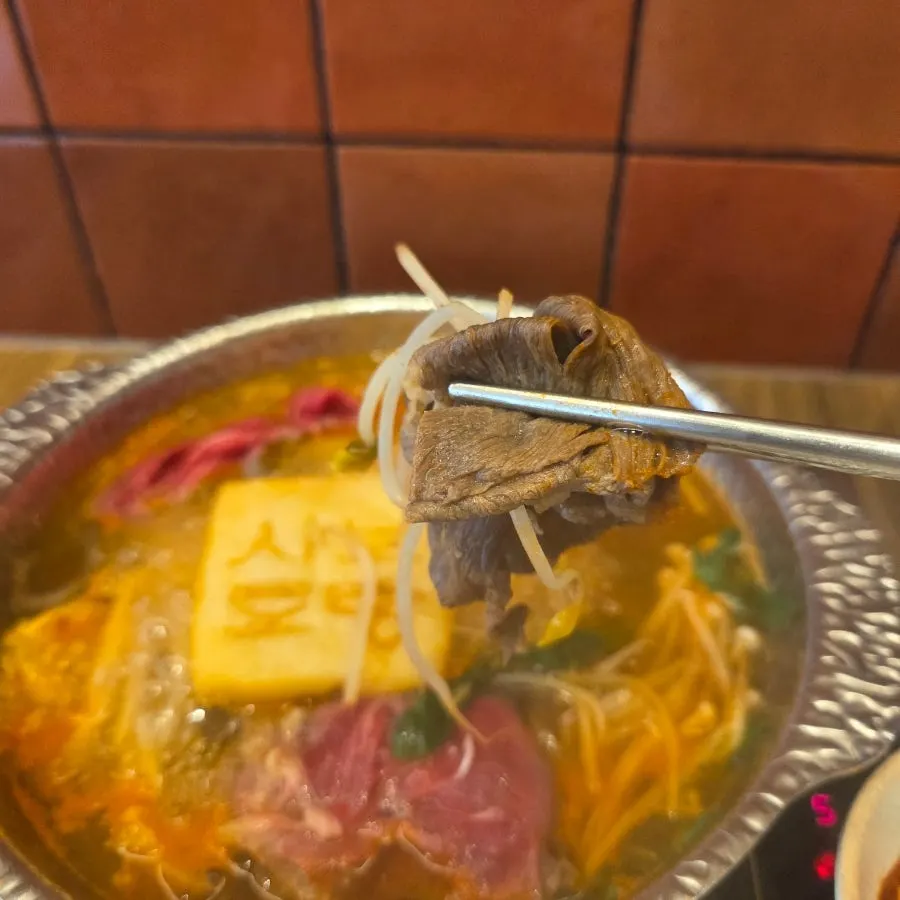 Chopsticks picking up cooked meat together with mung bean sprouts