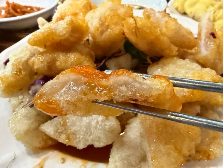 Sweet and sour pork coated in sweet and tangy sauce