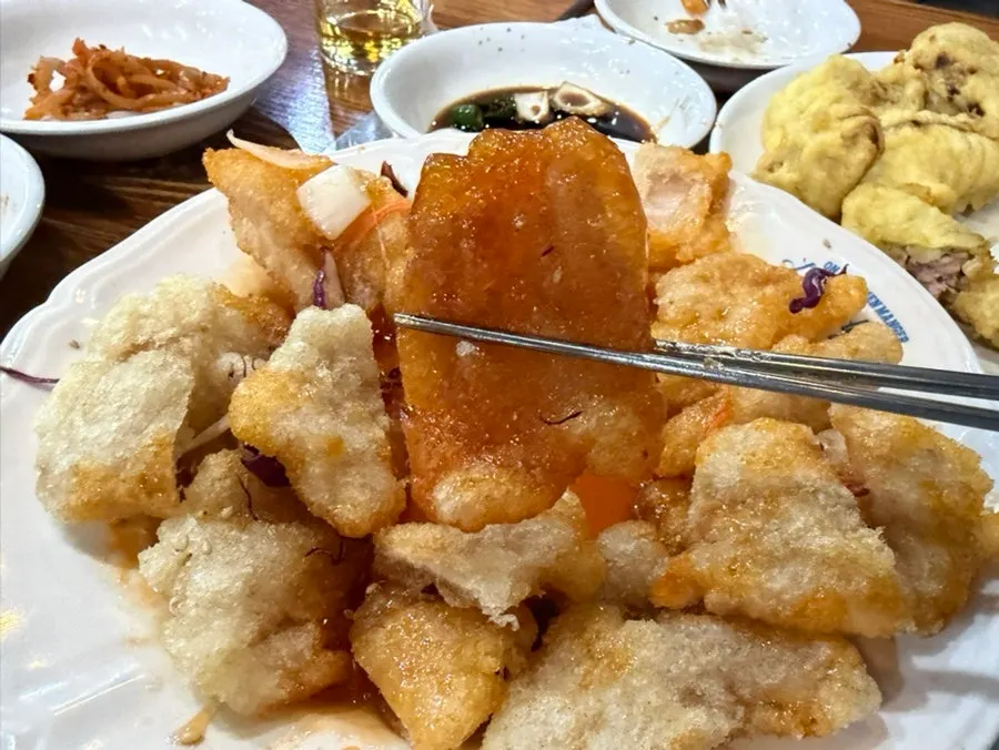 Cross-section of the chewy sweet and sour pork with glutinous rice