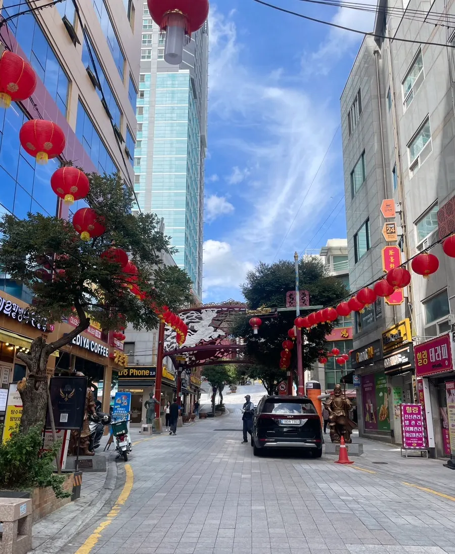 Shanghai Street in Busan Chinatown lined with red Chinese-style decorations