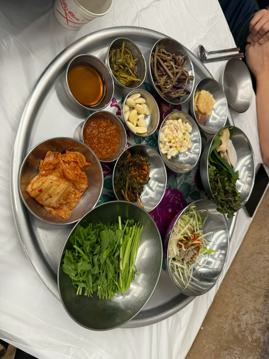 Side dishes and sauces on a retro tray