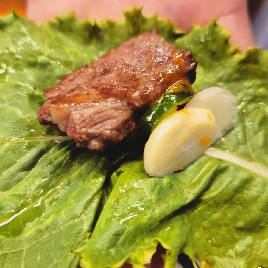 Beef wrap with perilla leaf, wasabi, and chili