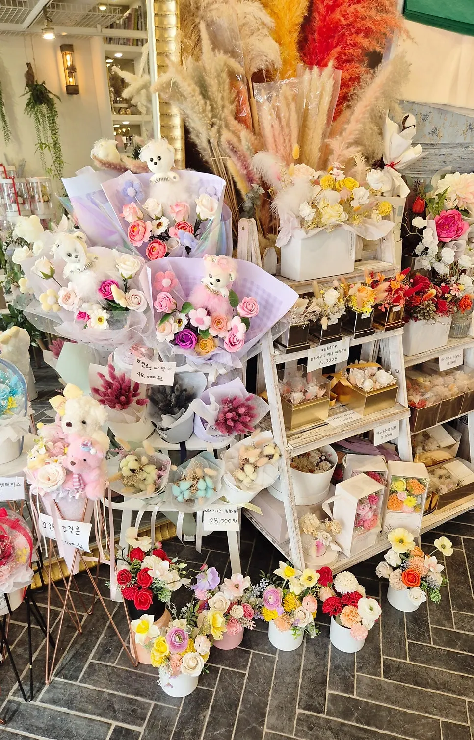 Interior of the store with pastel-toned bouquets on display
