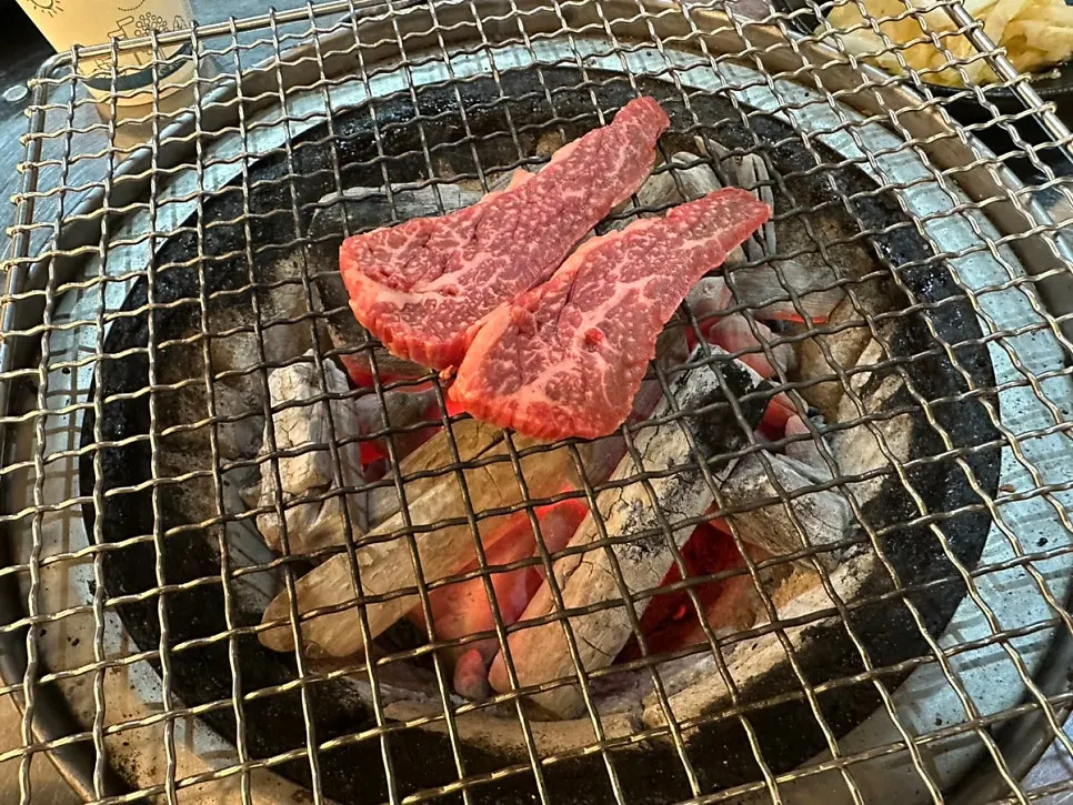 Hanwoo ribeye placed on the charcoal grill