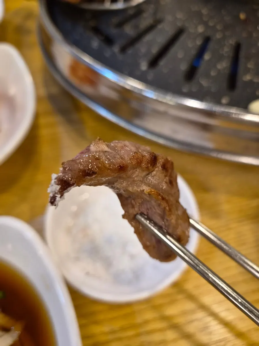 Chopsticks picking up a piece of grilled beef
