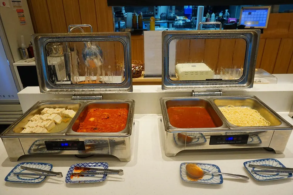 Sauces, seasonings, and kimchi on the Jangsodam self-bar