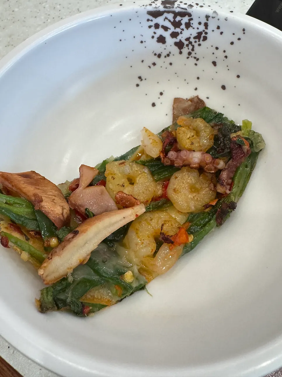 Golden, crispy whole shrimp seafood pancake
