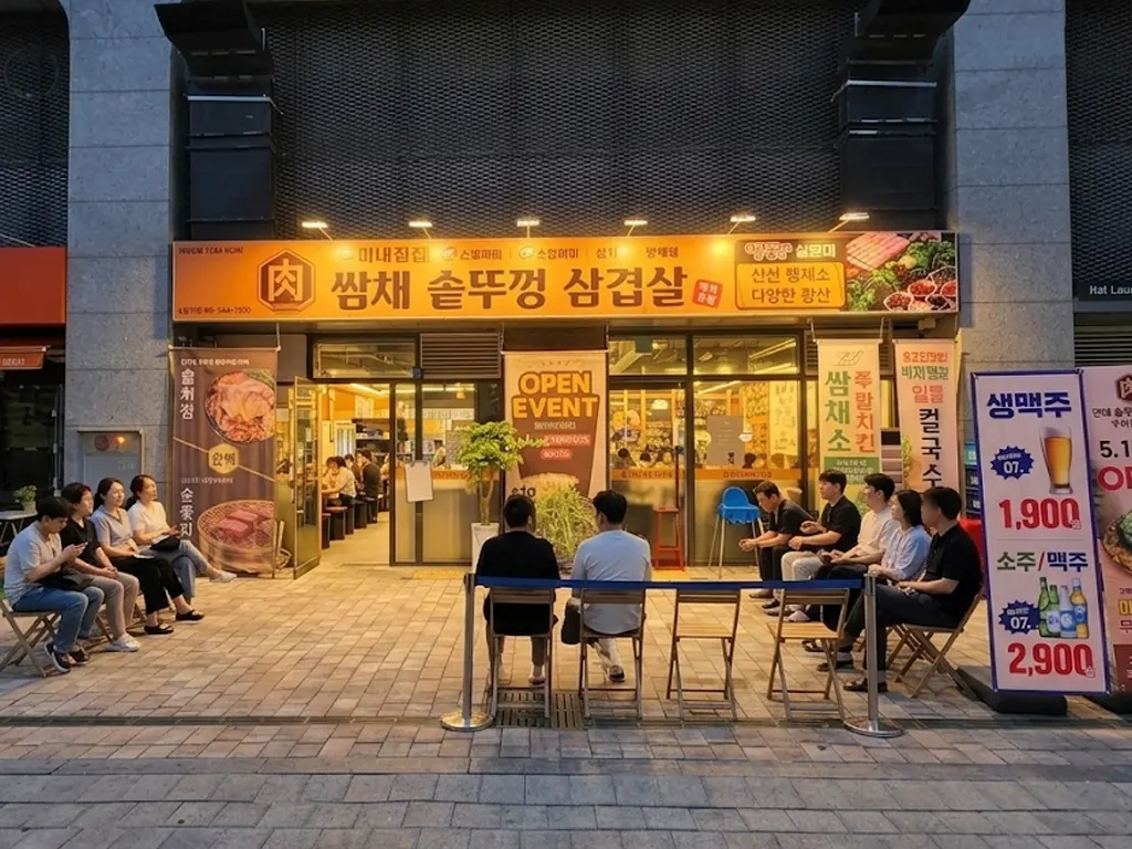 Yellow sign of Ssamchae Sotttukkeong Samgyeopsal in the Jayang Skyview Verre commercial building