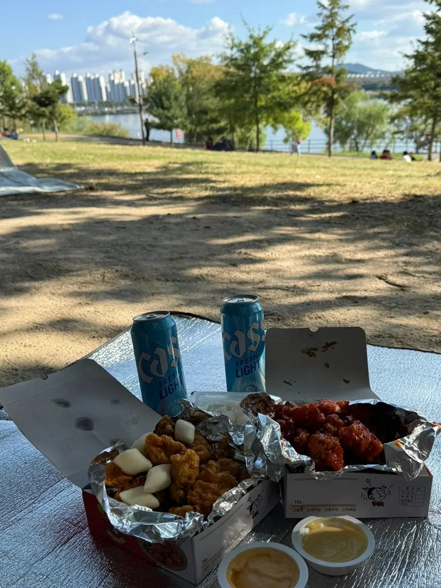 자양 한강공원에서 치킨과 맥주 건배