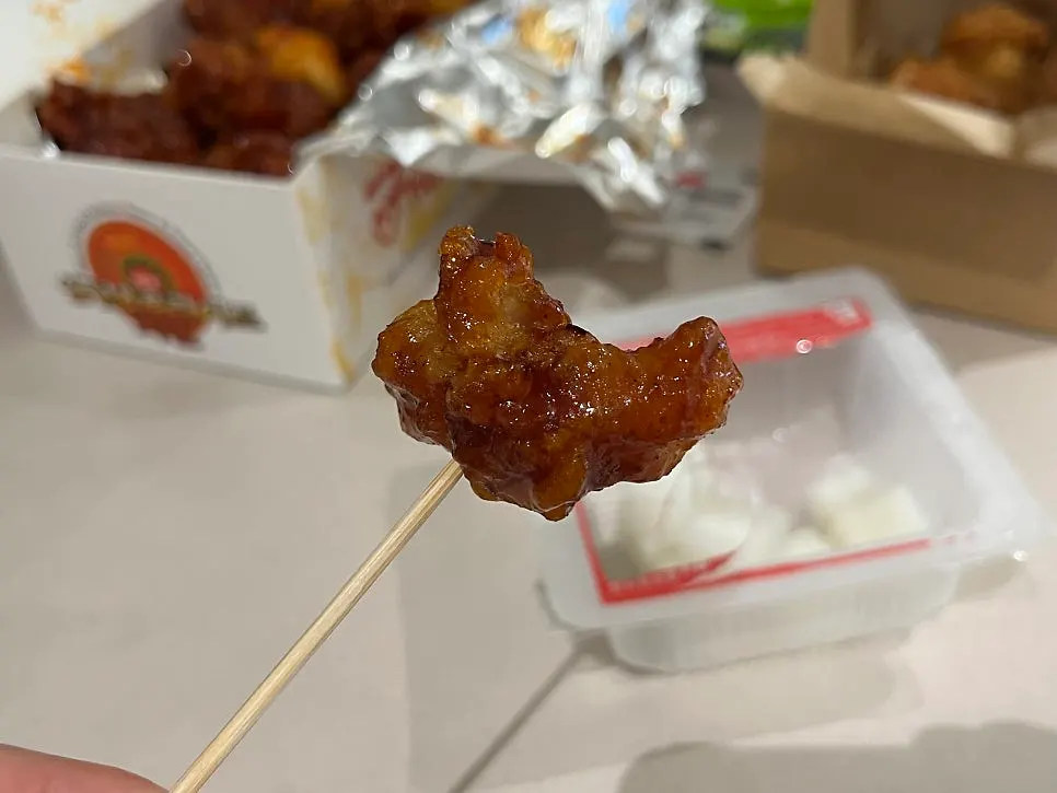 Close-up of medium-spicy dakgangjeong