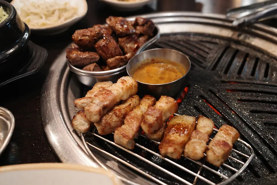 Close-up of pork belly with charcoal fire flavor