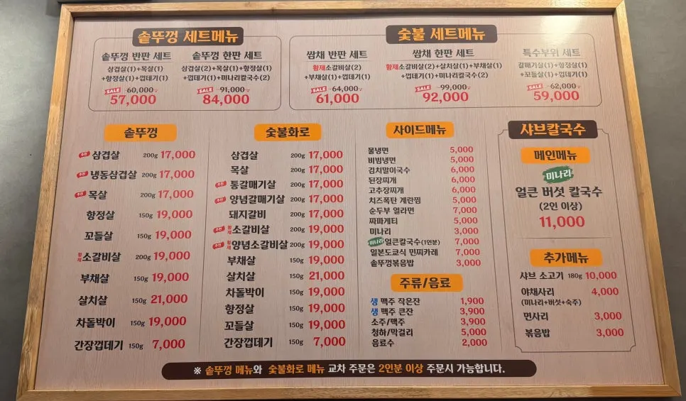 Menu board at Ssamchae Sotttukkeong Samgyeopsal showing many meat cuts