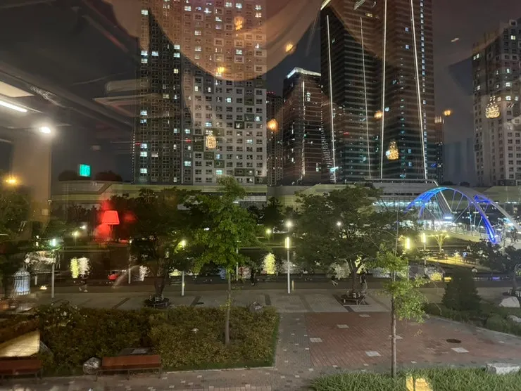 Songdo Central Park night view through the floor-to-ceiling window