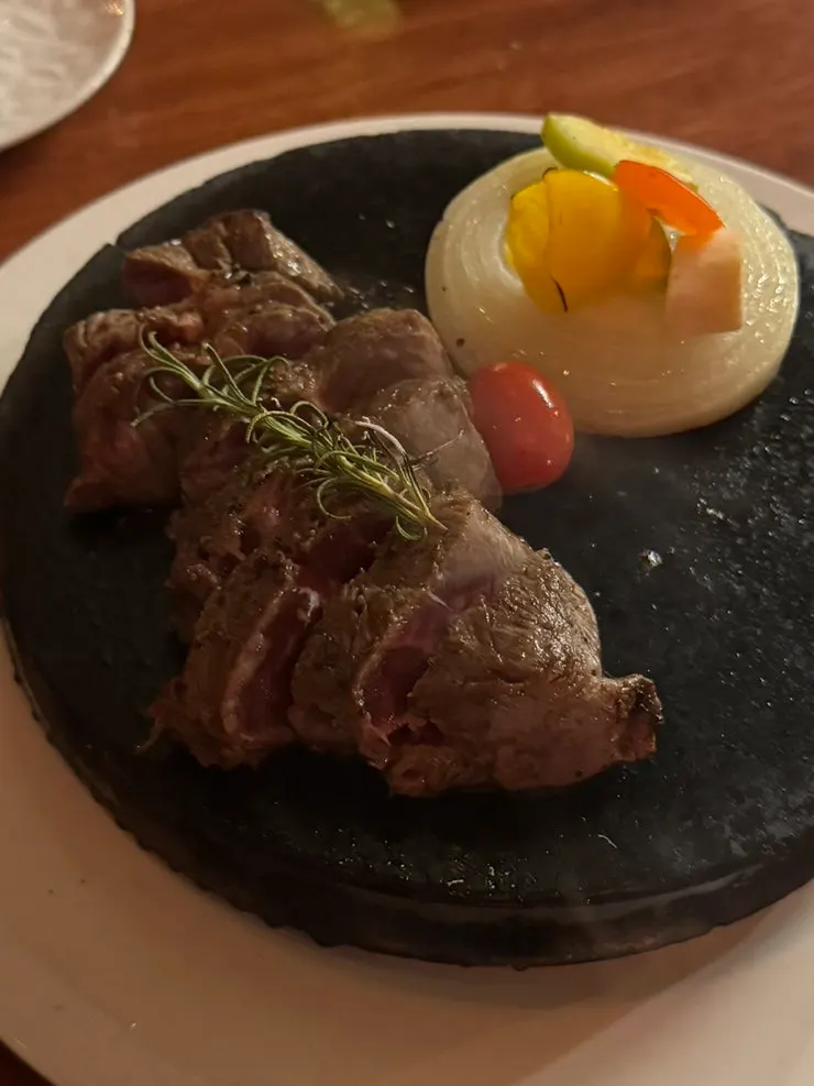 Close-up of steak on the stone plate