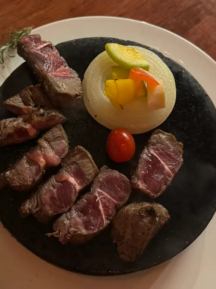 Cross-section of the steak served rare