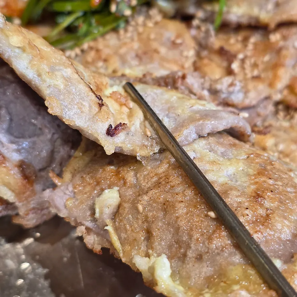 Fried buckwheat pancake cut into bite-sized pieces
