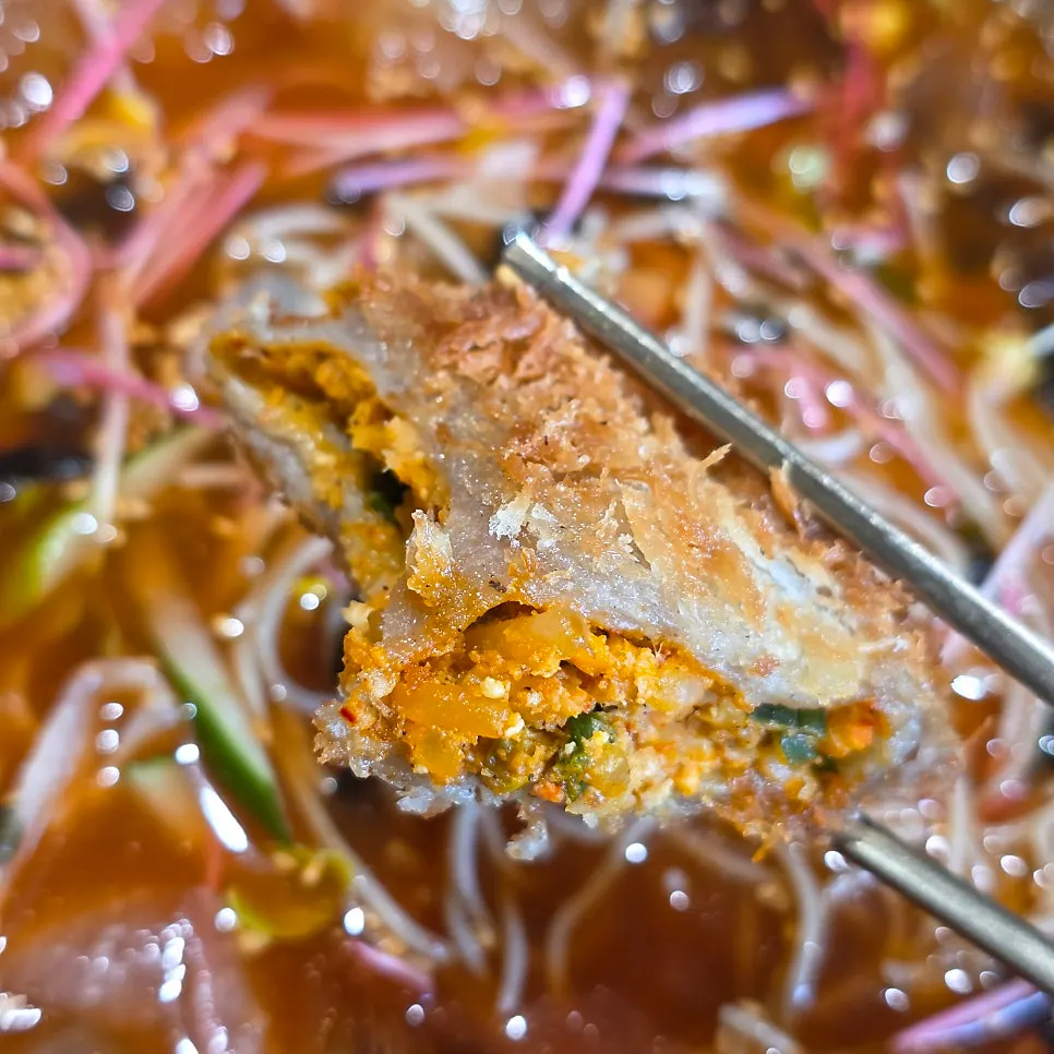 Cross-section of the crispy-battered buckwheat pancake