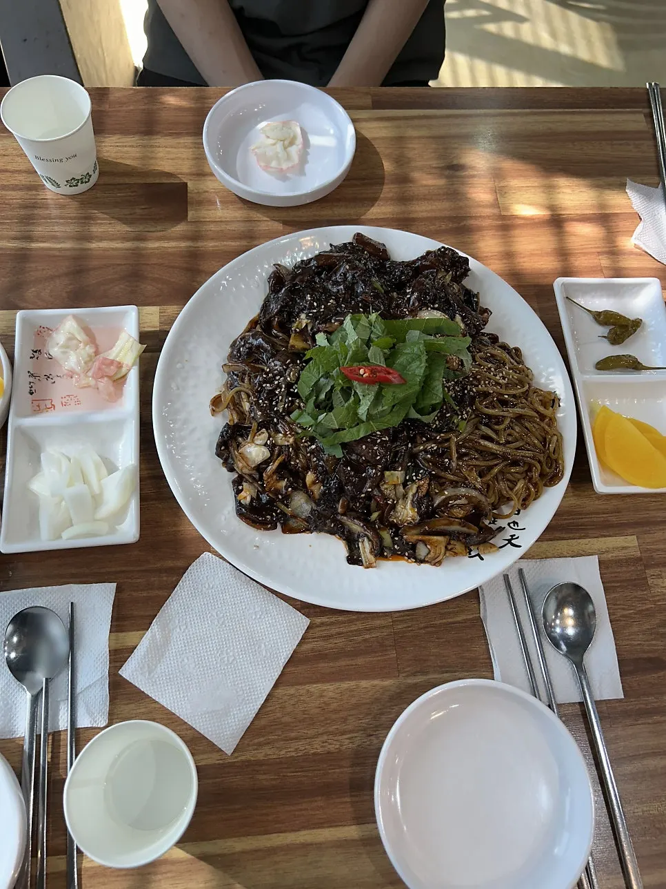 Tray jjajang loaded with seafood and toppings