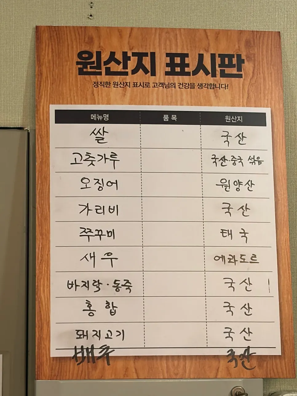 Information card placed on the table at Jedam Kalguksu