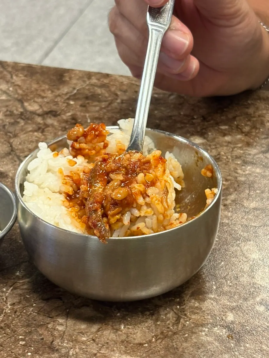 Mel jorim and a bowl of rice