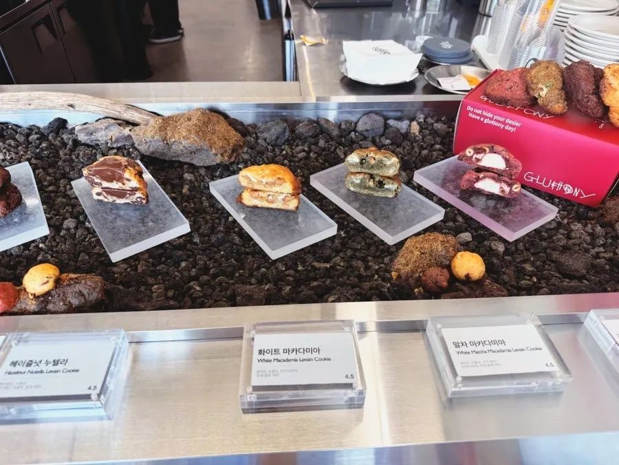 Various levain cookies on display