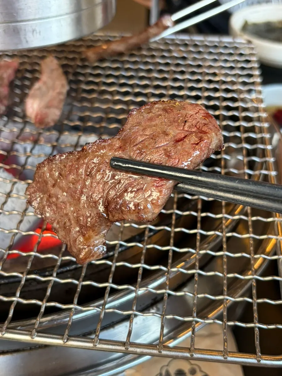 Hanwoo galbi grilling over charcoal