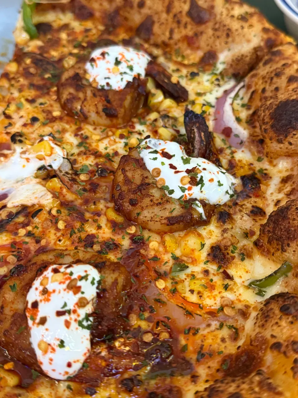 Close-up of the spicy chili-flavored pizza