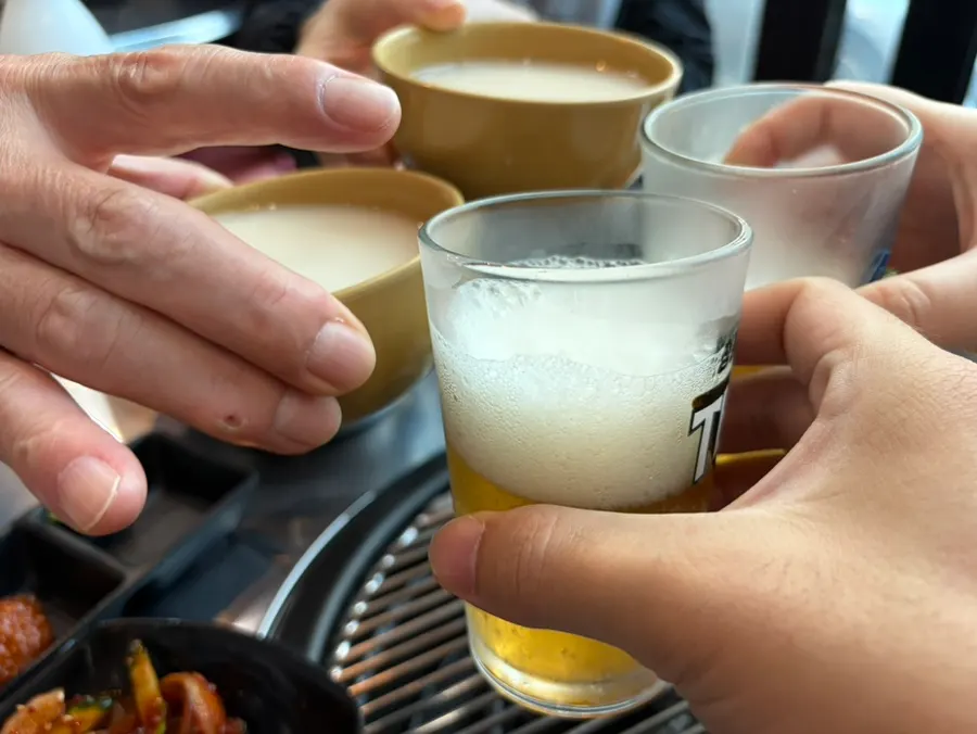 Table set with makgeolli and beer