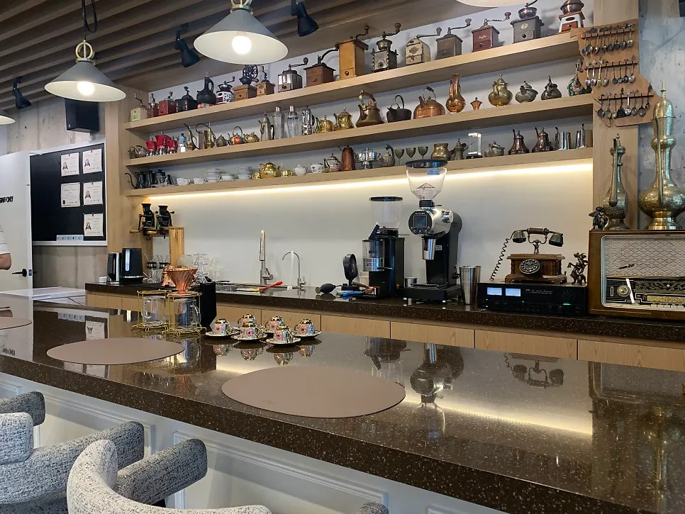 Café seating with generous spacing between tables