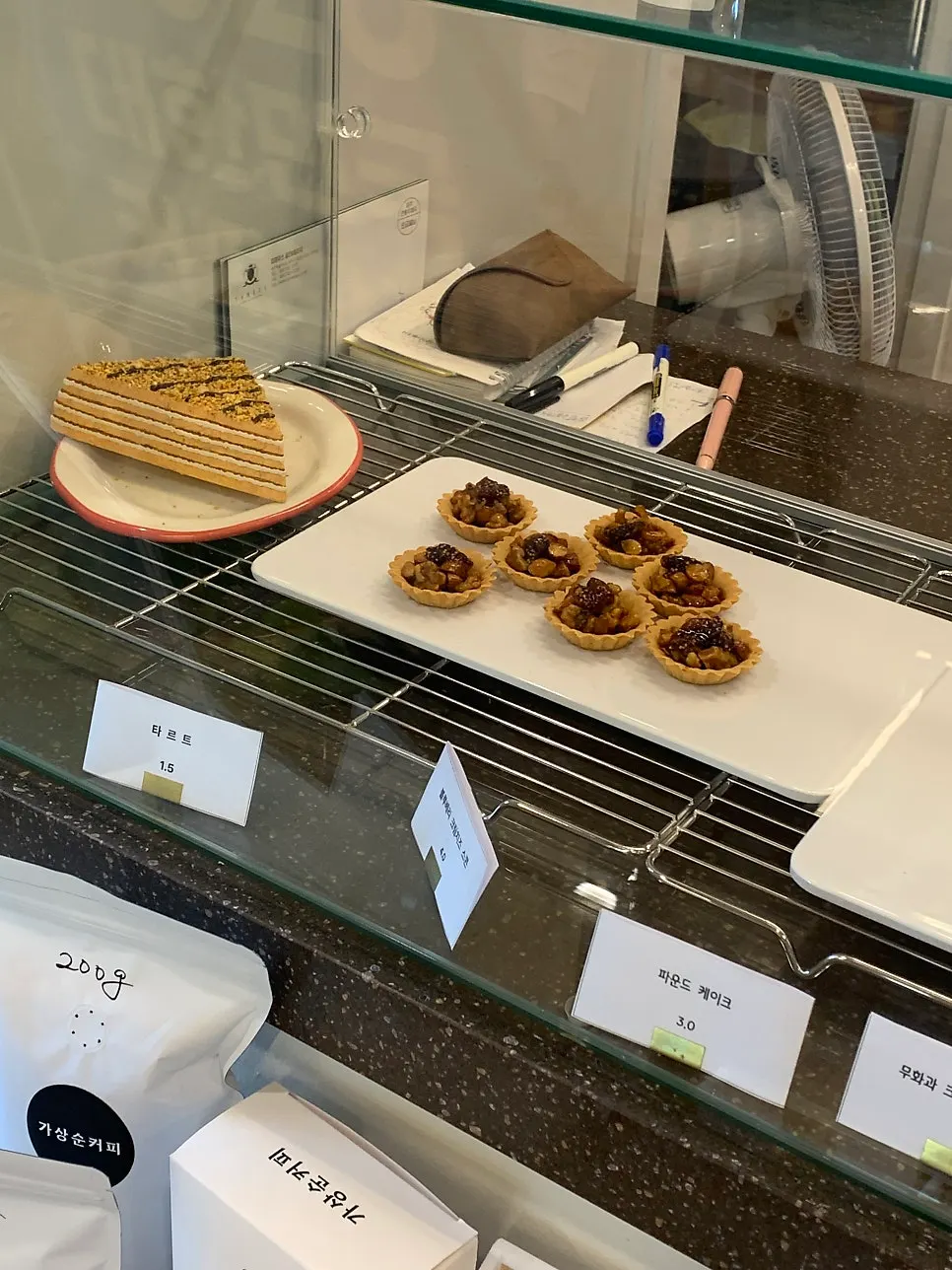 Desserts displayed in a showcase