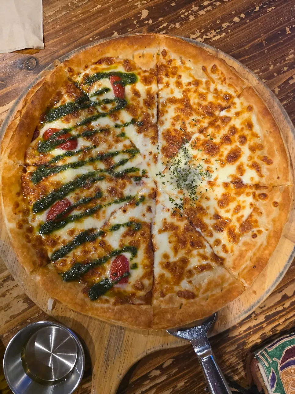 Sweet potato and basil margherita half-and-half pizza