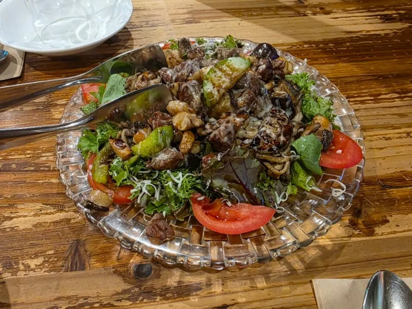 Salad topped with beef steak