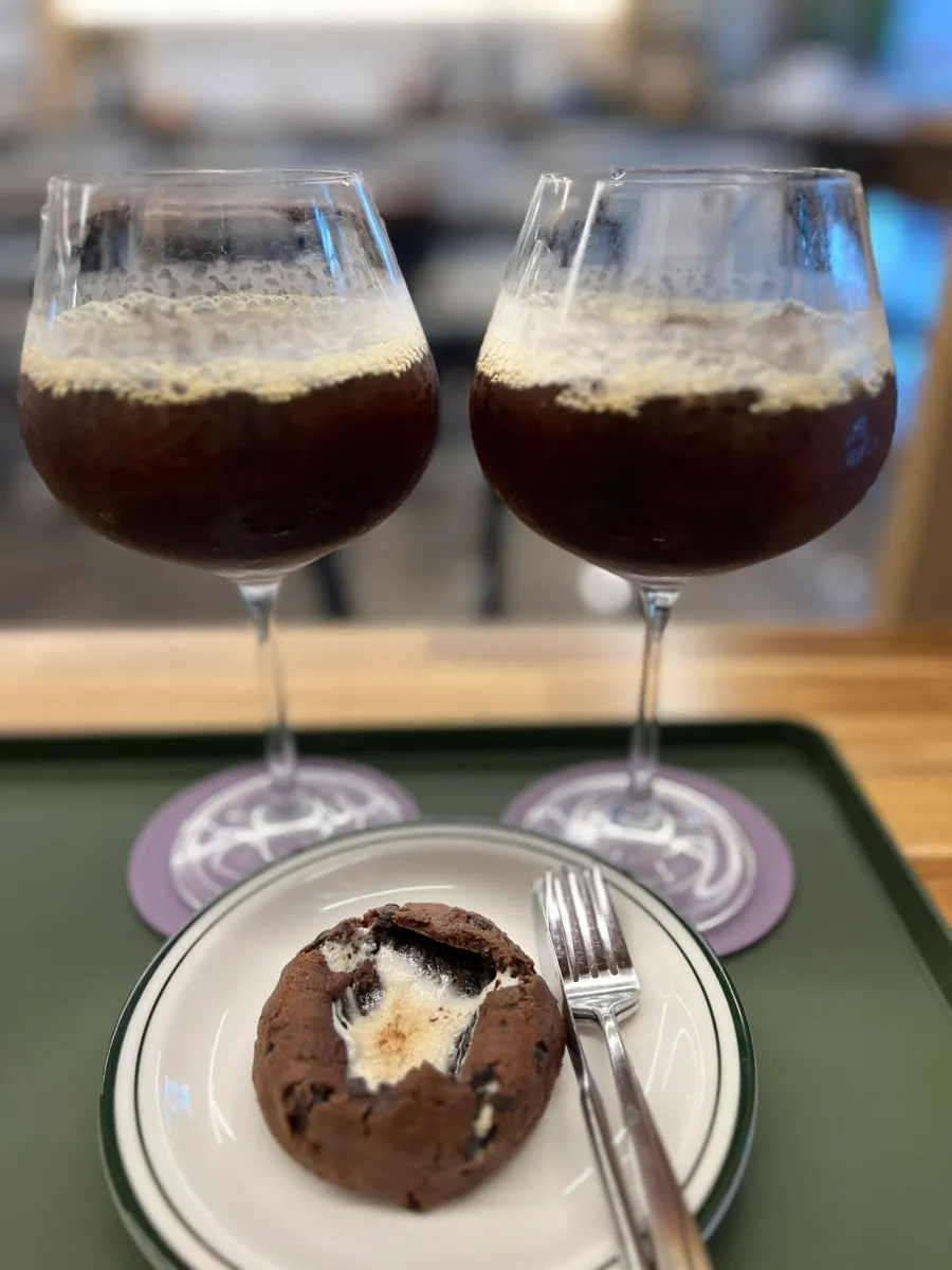 Close-up of dutch coffee in a wine glass