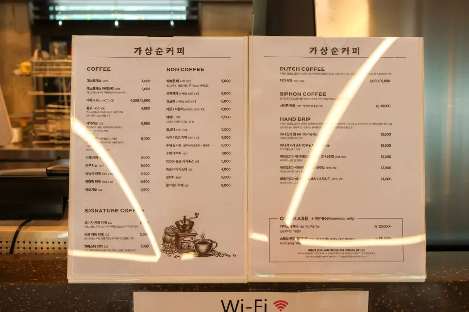 Framed coffee certificates and store notices on the wall
