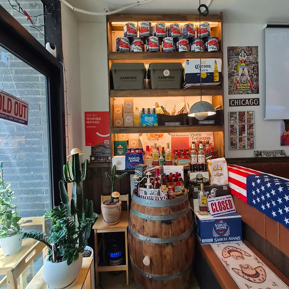 Interior decorated with American car license plates and posters