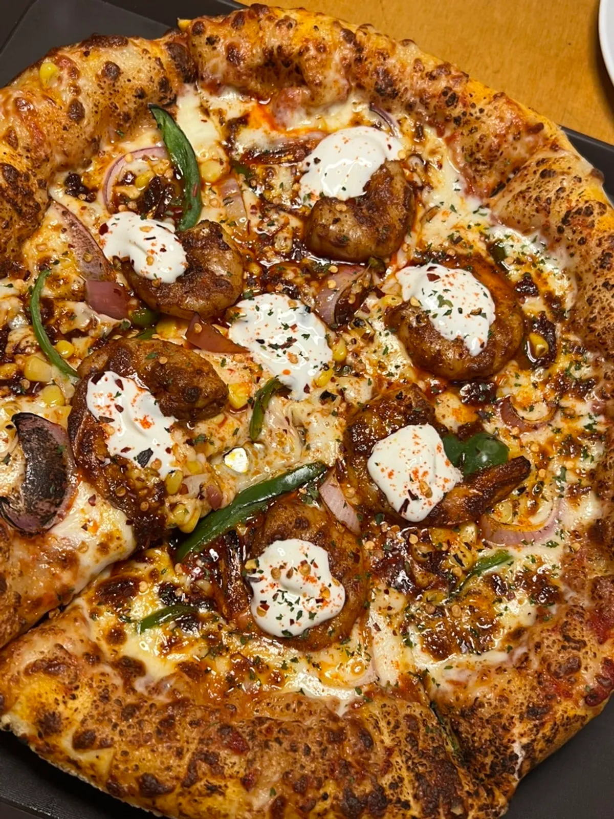 Cowboy Shrimp Kick pizza on the table