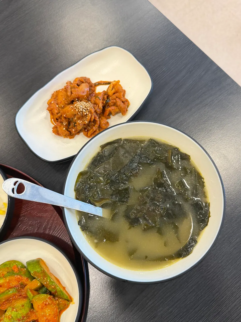 Basic side dish spread including spicy stir-fried pork
