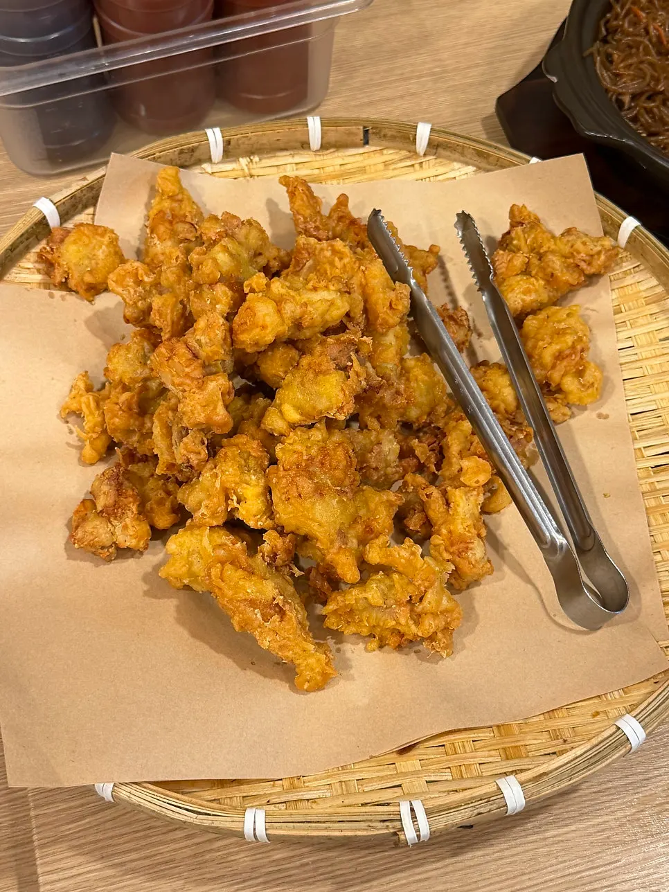 Drinks and fried chicken at the self-serve bar