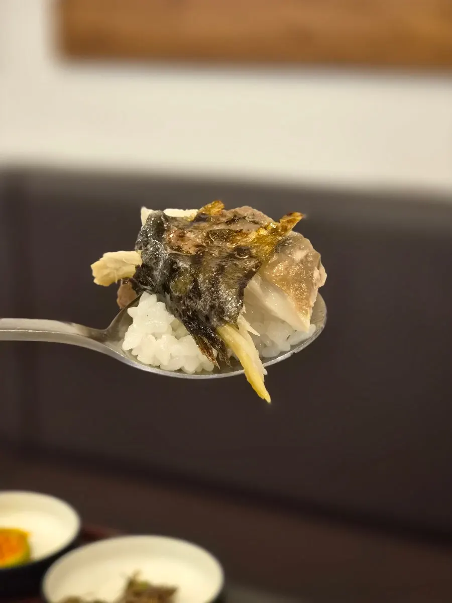 Close-up of the plump grilled mackerel flesh