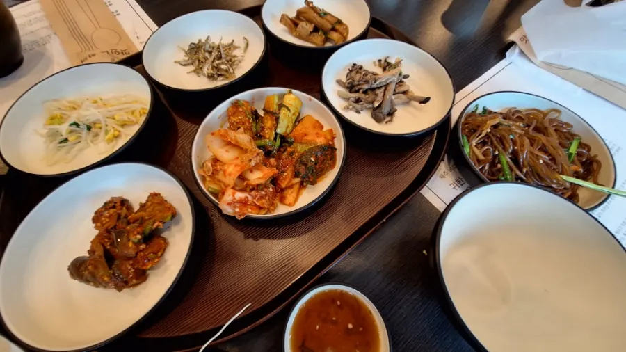 Plate of house-made side dishes at Jeju Badang