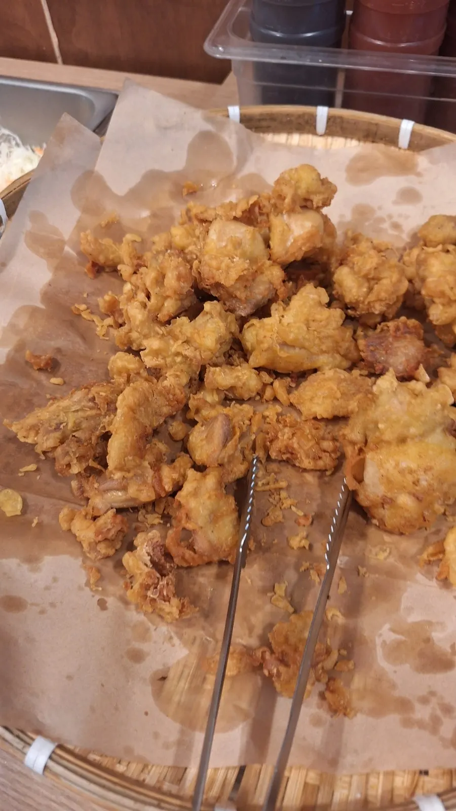 Freshly fried chicken brought from the self-serve bar